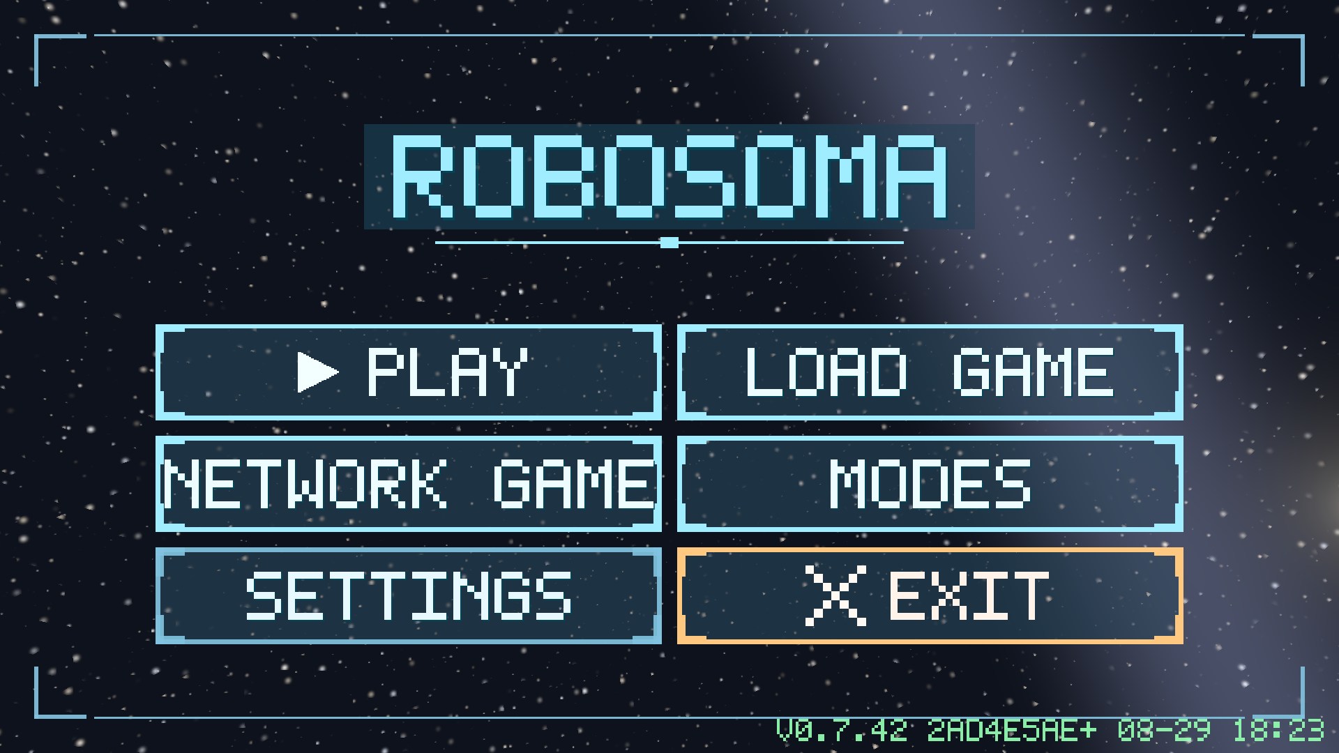 The Robosoma main menu with six large buttons