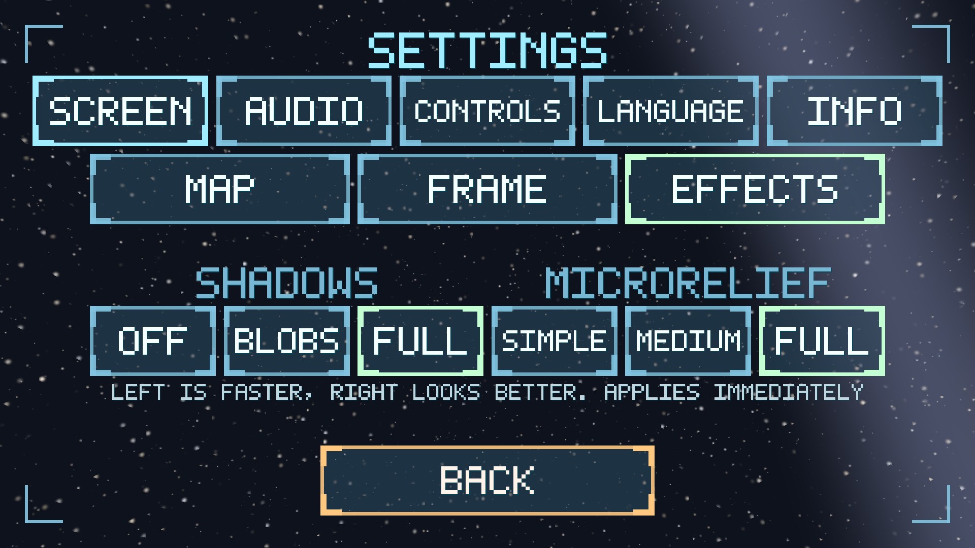 Screen settings - the EFFECTS page