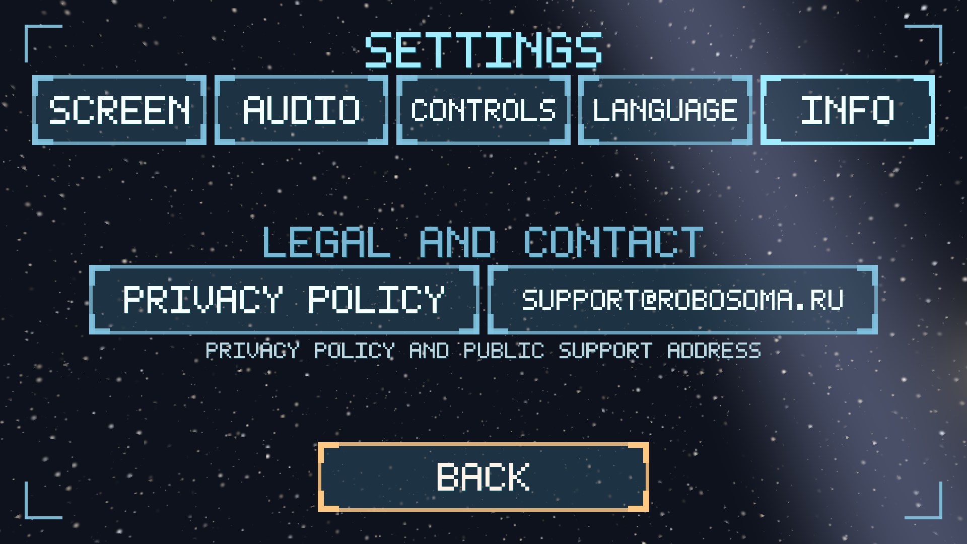 The INFO tab with links to the policy and to support